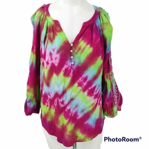 Tie-Dye Peasant Top Size M Embroidered Hippie Boho Shirt Merona OOAK - Picture 1 of 12